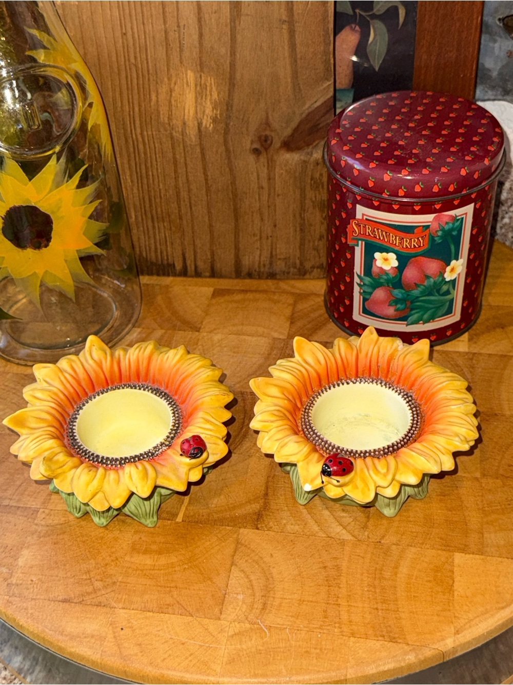 Sunflower Ceramic Tea Light Holders with Ladybug Accents